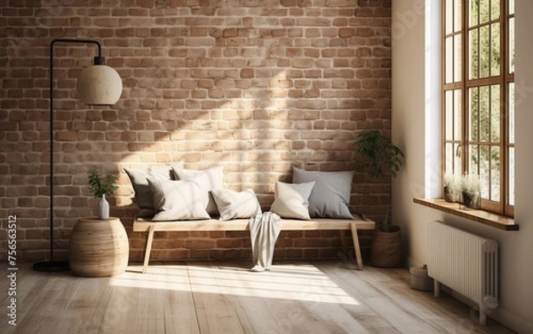 Obraz A room with a brick wall and a wooden bench. The bench is covered with pillows and a blanket. There is a potted plant on the floor and a vase on a table. The room is bright and airy