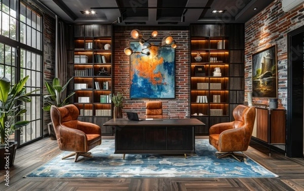 Obraz A modern office with a large painting on the wall and a brown leather chair. The room has a warm and inviting atmosphere
