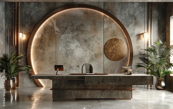 Fototapeta A modern office space with a large circular wall and a desk with a computer. The room is decorated with plants and has a minimalist design
