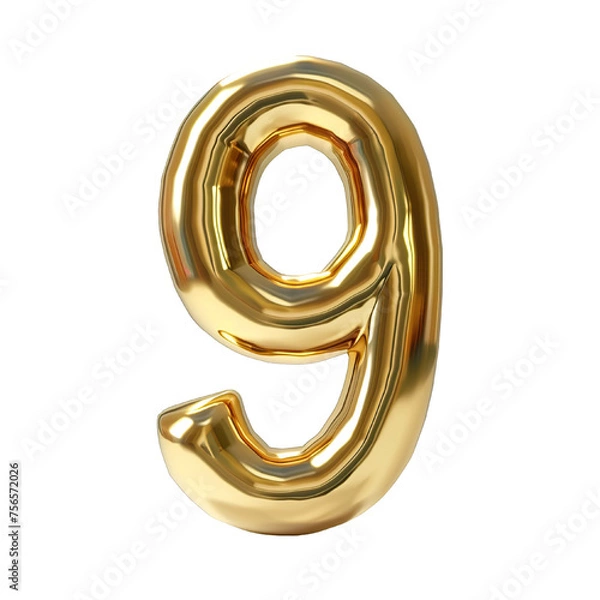 Fototapeta : 3d Royal Gold number "9" letter floating over a white background PNG