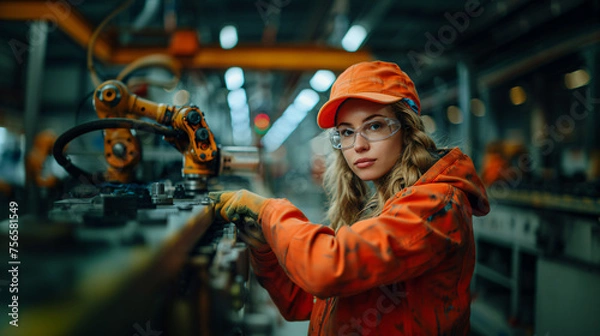 Fototapeta 20s white female operator, working in a factory, arm robot machine. Wearing orange uniform. Concept of Industrial processes automated with artificial intelligence 