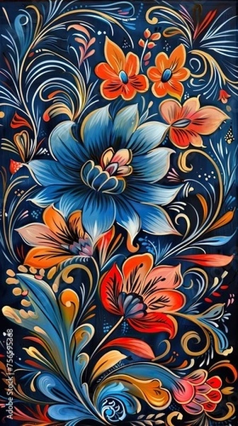 Fototapeta Colorful background for smartphone 9:16, khokhloma with flowers and birds, red, orange, blue 3