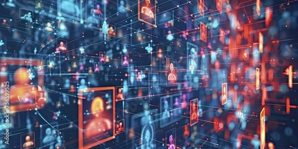 Obraz A dynamic scene of a digital forum filled with avatars representing people engaging in human rights advocacy, set against a clear online background.