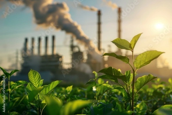 Fototapeta Trees and the blurred background of the factory, carbon credit concept