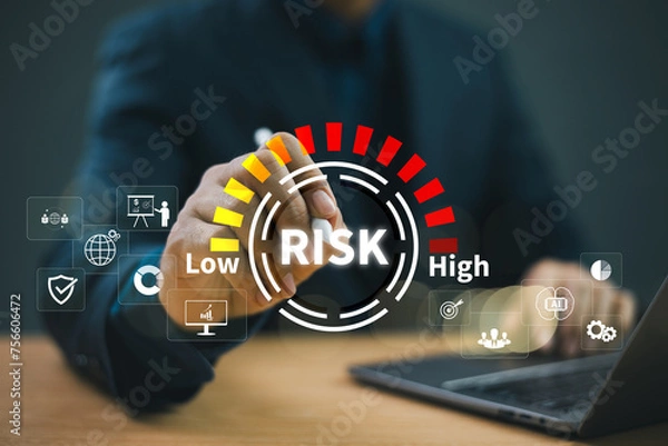 Fototapeta Assessment business investment concept. Businessman touch risk management. Plan matrix control technology. Internet network forecast evaluation, international financial security strategy background