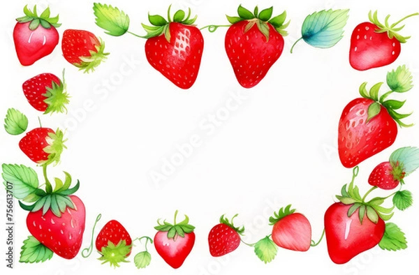 Fototapeta Watercolor frame,border for postcards,invitations, strawberries on a white background. Free space for text