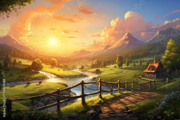 Obraz A peaceful countryside scene, with rolling hills, a meandering river, and a quaint wooden bridge, all bathed in the warm glow of a setting sun.