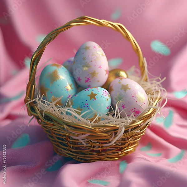 Obraz Easter eggs in basket in pink background,generative ai
