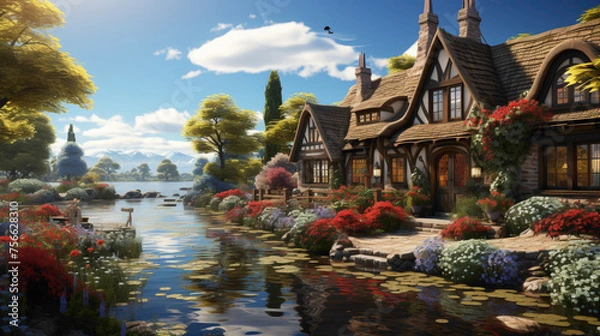 Obraz A picturesque village by a flowing river, the water reflecting the charm of cottages with thatched roofs, framed by lush trees and blue skies, a scene of timeless beauty captured in high definition.