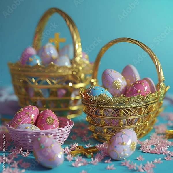 Obraz Two baskets with easter eggs,generative ai