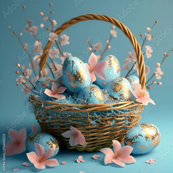 Obraz A basket with easter eggs. and blooming flowers,generative ai