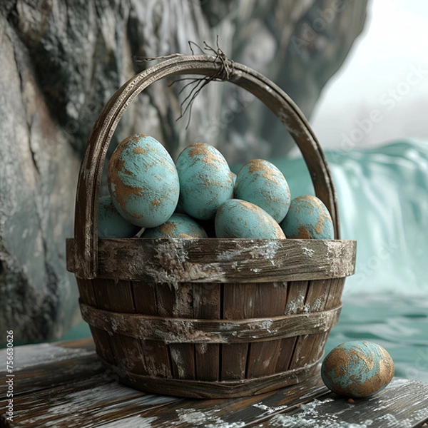 Obraz Vintage basket with eggs,generative ai