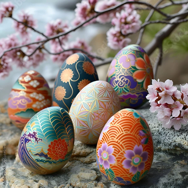 Obraz Easter eggs decorated with japanese details. generative ai