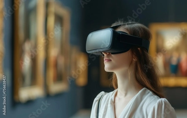 Fototapeta Woman in virtual reality, using vr glasses headset, standing in museum. VR glasses represent a new lifestyle technology.