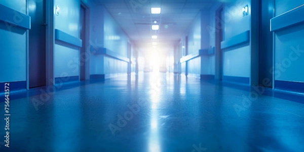 Fototapeta Low angle view of an empty hospital hallway, illuminated with soft blue lights, conveying a sense of calmness