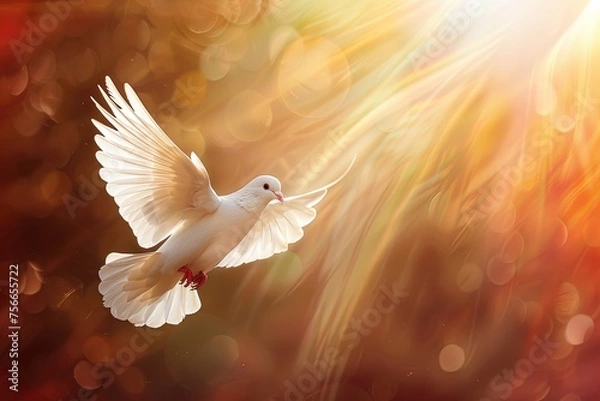 Obraz Winged dove with copy space. death and resurrection and easter dove flying out of a stone tomb concept. Silhouette of spiritual pigeon bird flying . Christianity symbol of Holy Spirit. Blessing of God