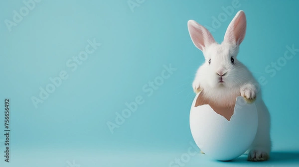 Fototapeta Easter rabbit, cute white bunny coming out of an opened egg on empty blue background with copy space