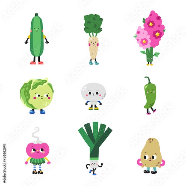 Obraz Cute cartoon vegetables set, part 1. Funny colorful characters.