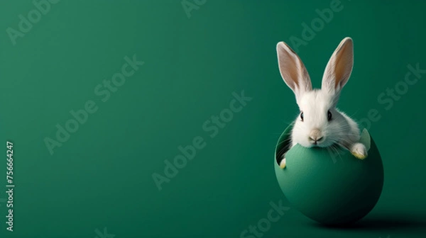Fototapeta  Easter rabbit, cute white bunny coming out of an opened egg on empty dark green background with copy space