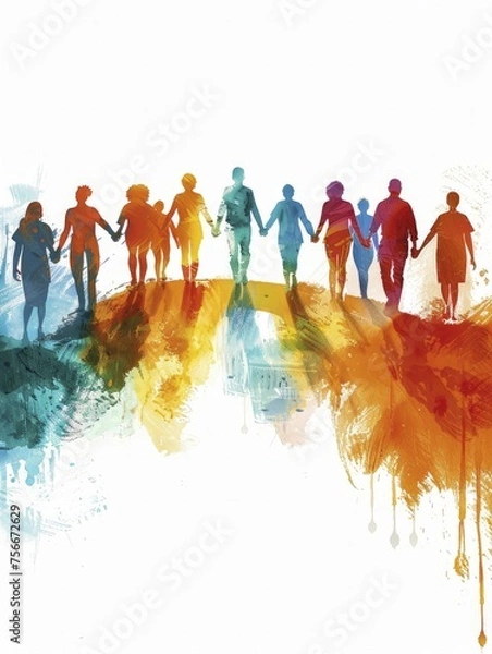Fototapeta An illustration of diverse individuals linked arm in arm, moving forward together across a bridge labeled Empowerment, set against a clear, hopeful horizon.