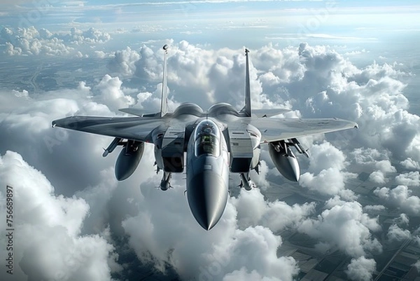 Obraz A military fighter jet flying at high altitude among scattered clouds, representing air force power