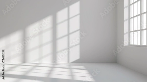 Fototapeta Abstract white studio background for product presentation. Empty room with shadows of window. Display product with blurred backdrop.