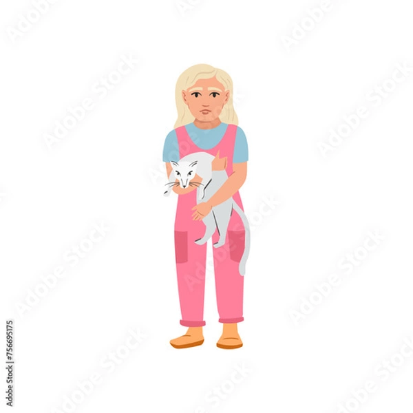 Fototapeta Young girl with cat vector illustration portrait. Playing with pets, spending time with cat concept