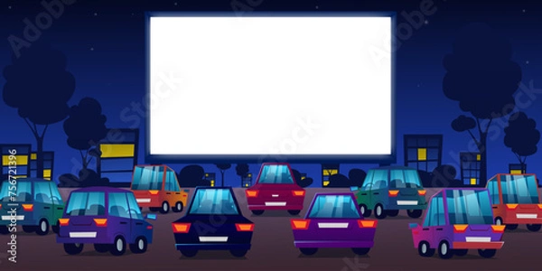 Obraz Outdoor cinema, drive-in movie theater with cars on open air parking. Drive-in cinema. Vector cartoon night city with glowing white blank screen and automobiles.
