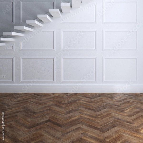 Fototapeta Empty luxury interior with parquet and stairs to second floor