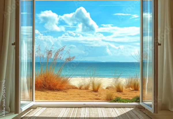 Fototapeta White empty room with sea landscape in window. Interior mockup. Generative AI