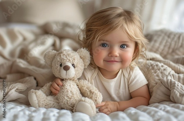 Obraz Little girl with teddy bear laying on bed, smiling softly
