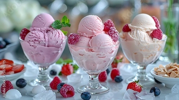 Obraz Three glasses of strawberry ice cream in a fruit cup on a white table