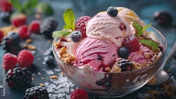 Obraz Raspberry ice cream in a glass bowl closeup with district fruits