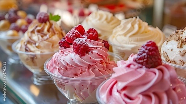 Obraz glasses of strawberry ice cream in a fruit cup on a white table
