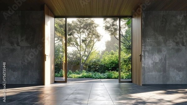 Fototapeta A large open door leading to a garden. Suitable for home decor advertisements