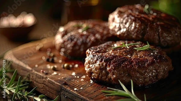 Fototapeta Focus on the sizzle marks and juices on the patties to convey the freshness and flavor of the grilled meat realistically.