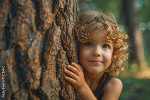 Fototapeta Curly-haired child hugs a tree, portraying innocence and hope for a sustainable future.