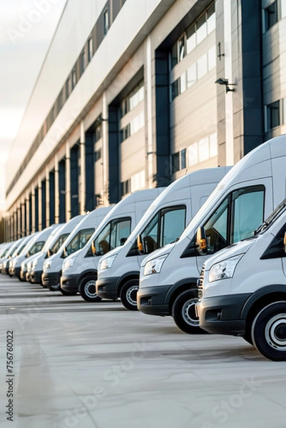 Fototapeta A fleet of delivery vans lines up outside a distribution center, ready to transport packages to customers.
