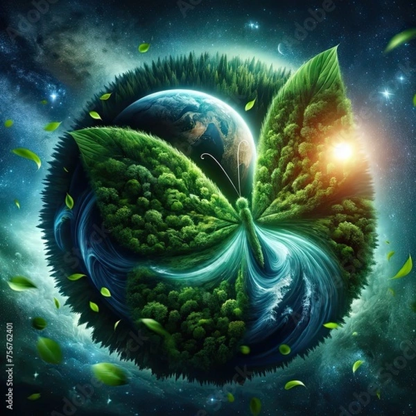 Obraz Planète Terre et des feuilles vertes papillon, écologie