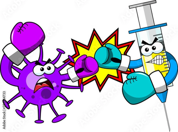 Fototapeta Virus and syringe cartoon characters or mascots combating or fighting like boxers with gloves isolated vector illustration. Concept