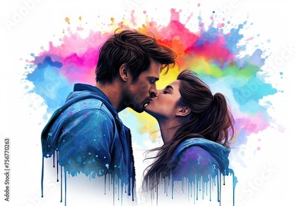 Fototapeta Passionate kiss between charming handsome lovers. Colorfull image of loving couple. Cropped close up profile. Digital art in the style of a painted picture. Illustration for cover, card or print.