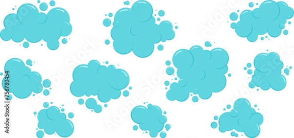 Obraz Cartoon blue cloud, foam bubble water icon, soap ball set, bath shampoo suds splash. Wash, laundry, clean underwater collection. Soda, carbonated fun vector illustration