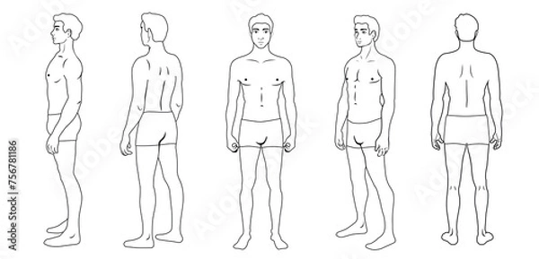 Fototapeta Outline anatomical body full length of a man, front, side, 3-4 and back view, vector illustration. Body isolated on white