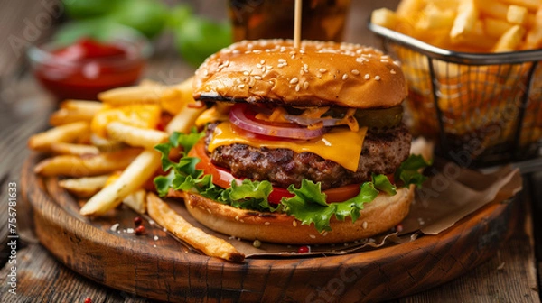 Fototapeta  tasty double cheesburger, served on a wooden plate, with a Serving basket full of fries, and a side salat