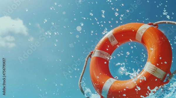 Fototapeta Lifebuoy Being Thrown. Help, Rescue, and Saving Concept. Blue Sky in Background.
