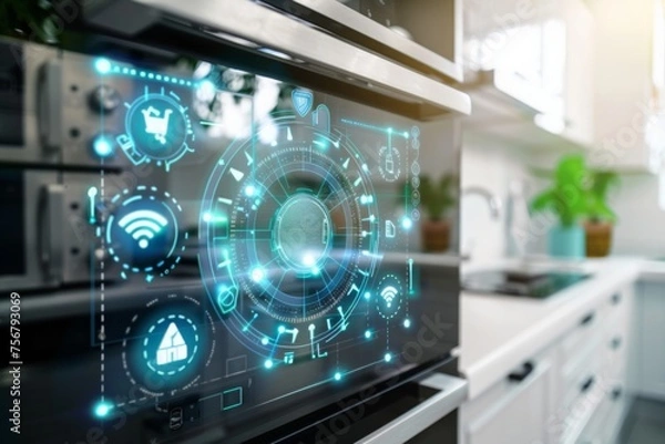 Fototapeta Cybernetic vision of home automation, showcasing smart appliances, interconnected grid layout, holographic style