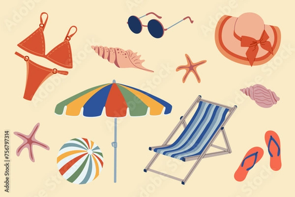 Obraz Set of elements for summer beach. Armchair, ball, hat, sunglasses, swimsuit, seashell, umbrella. Hand drawn vector illustration isolated on light background, flat cartoon style.