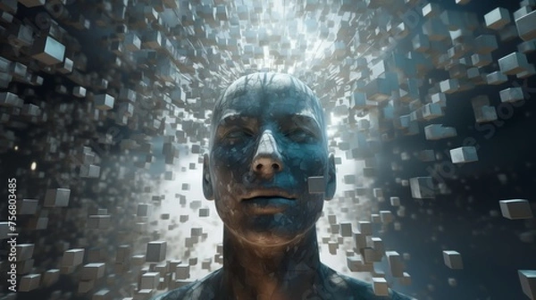 Fototapeta A detailed 3D scene of a transparent human head filled with floating puzzle pieces each piece moving to connect with others