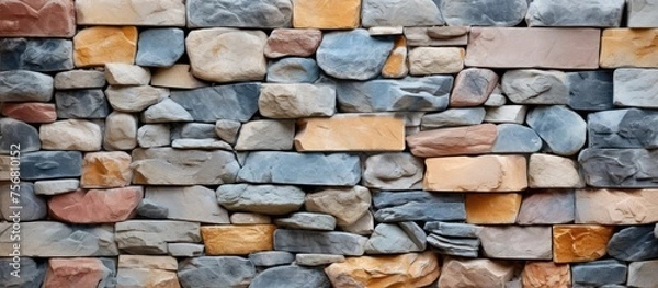 Fototapeta A closeup of a stone wall constructed from various colored rocks creating a unique pattern. The mixture of building materials creates a beautiful piece of art in the form of a rectangular structure