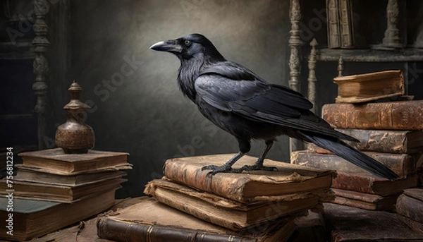 Obraz a raven standing on a stack of very old books